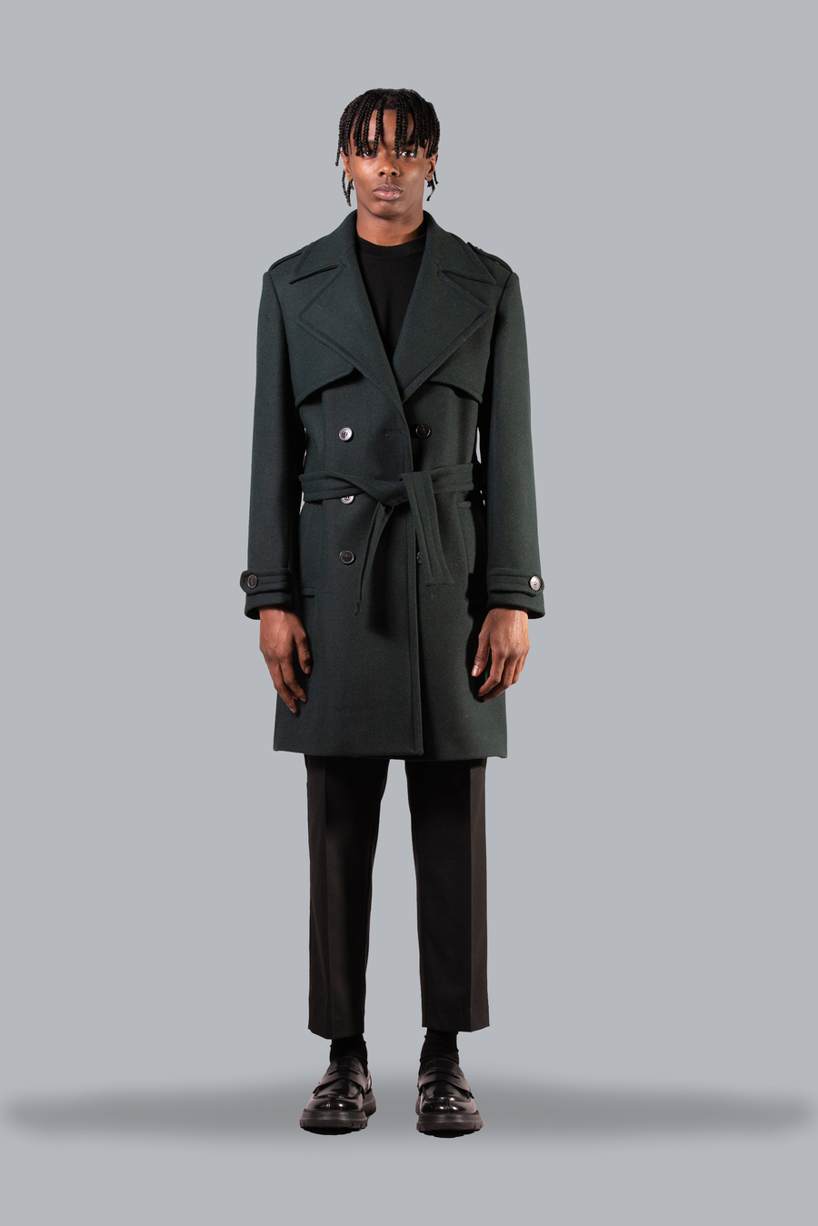 DOUBLE-BREASTED COAT WITH BELT AND CAPE-GREEN