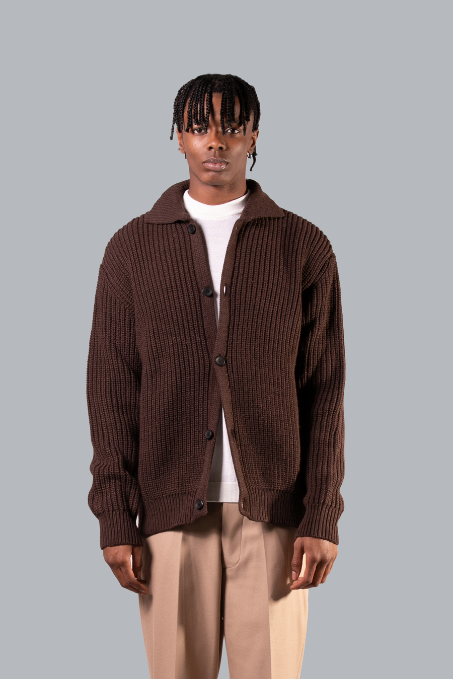 LONG SLEEVE OPEN POLO SHIRT IN BROWN KNIT