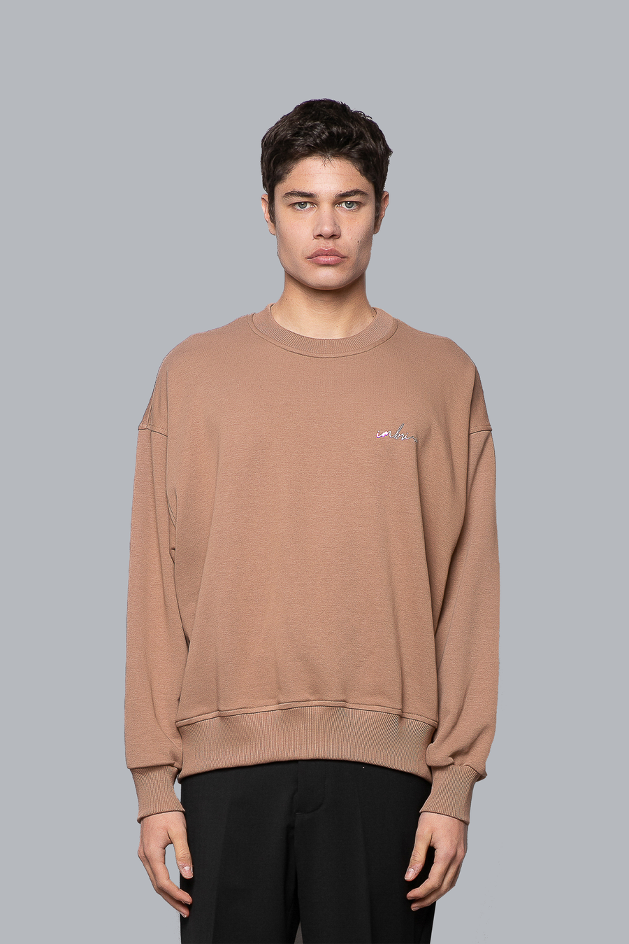 Oversized crew-neck cotton sweatshirt with iron-on logo - Beige