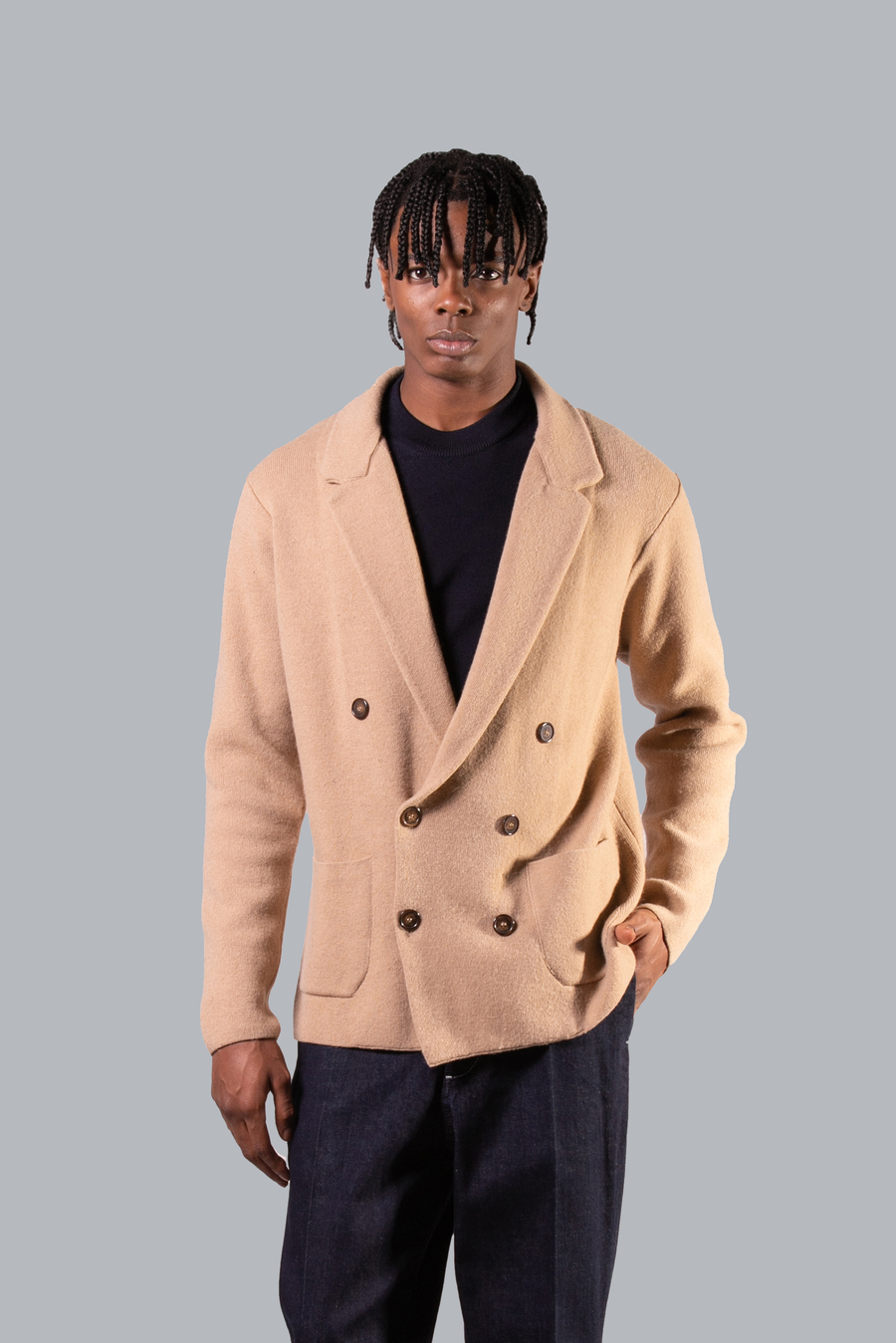 DOUBLE-BREASTED KNIT JACKET-CAMEL