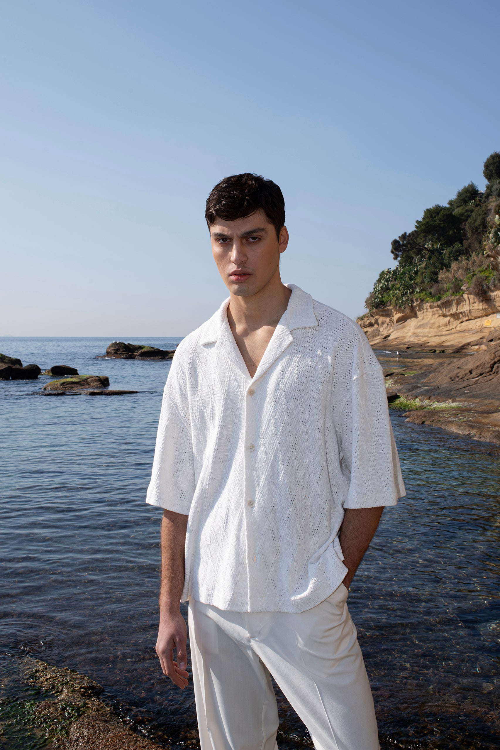 Diamond Pattern Cotton Shirt - Cream