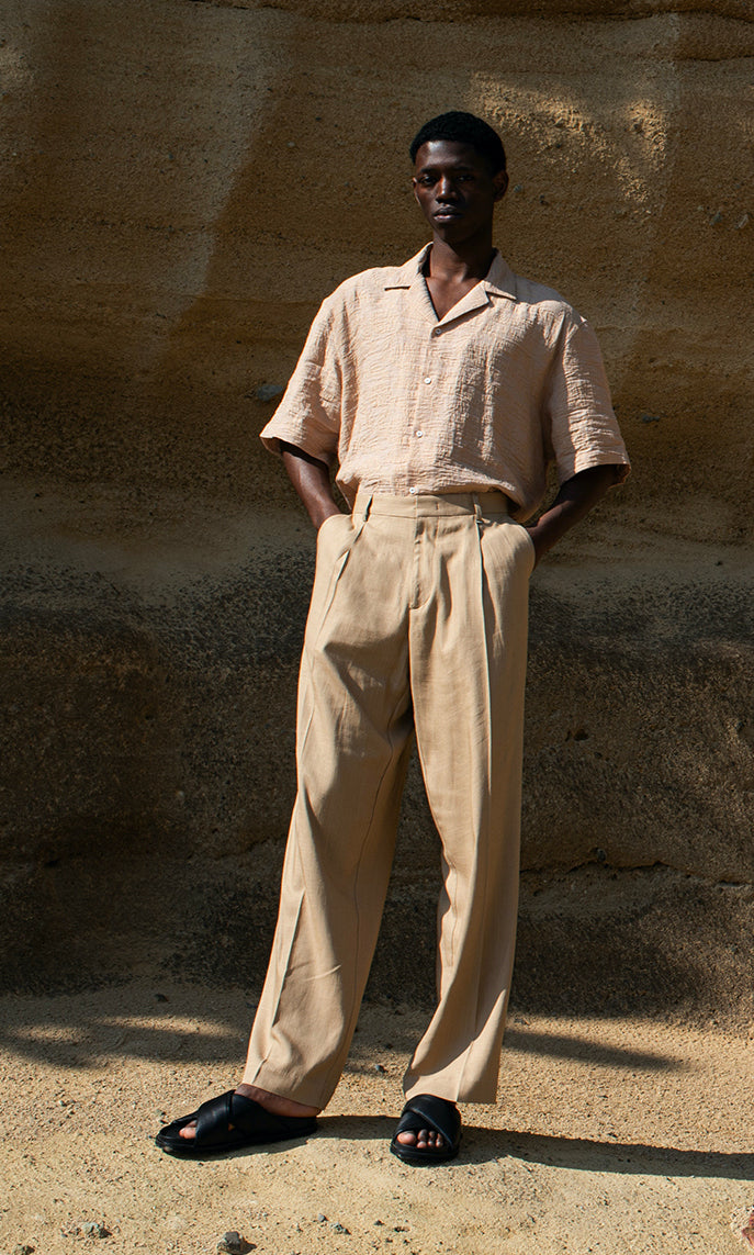 Pantalone in misto lino fondo ampio - Beige