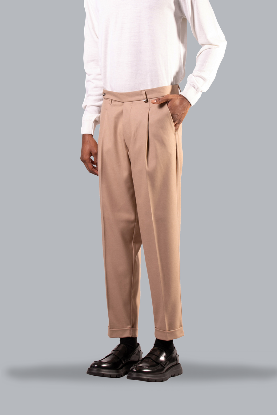 PLEATED TROUSERS WITH TURN-UP-BEIGE