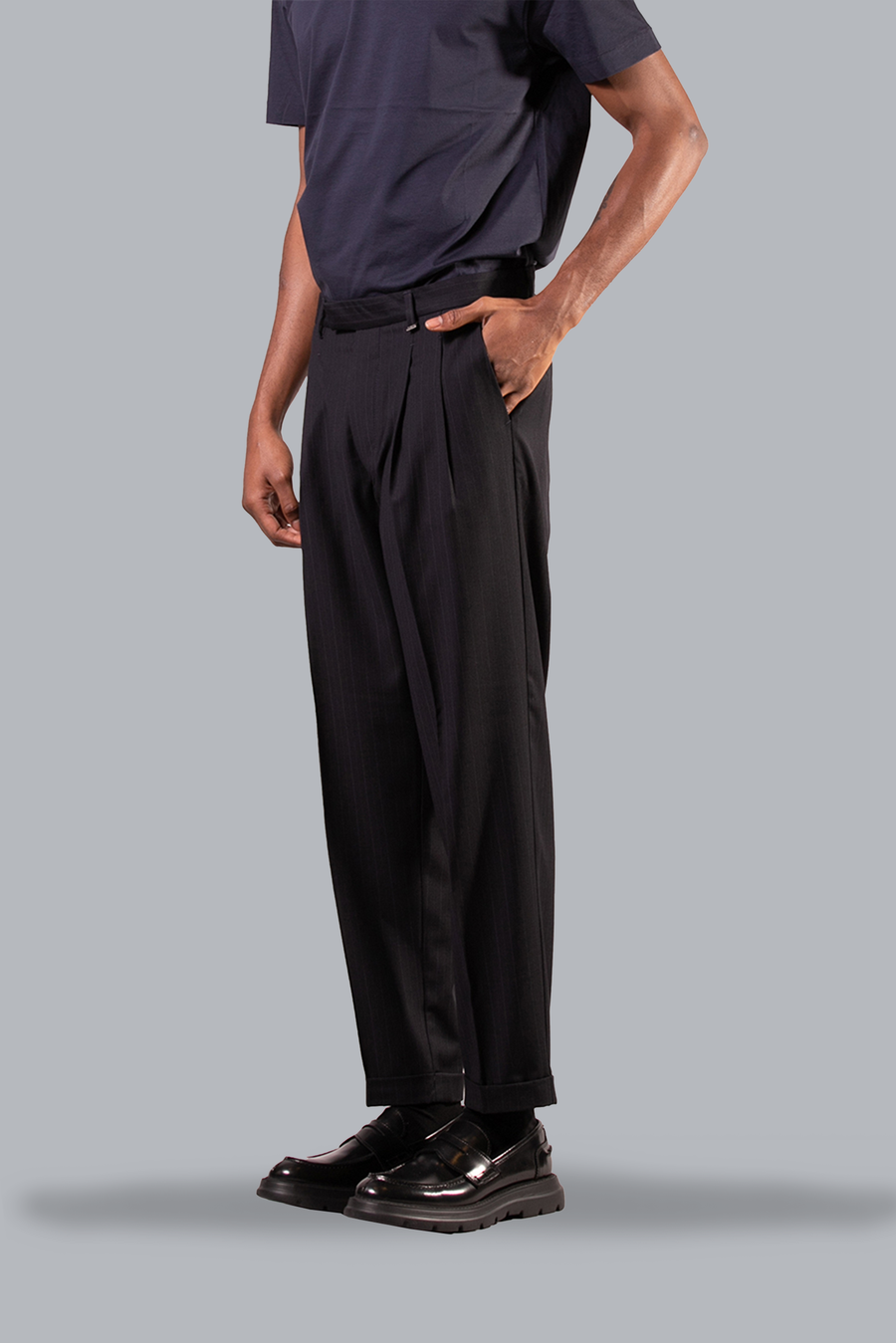 PINSTRIPE TROUSERS WITH DOUBLE PLEATS AND TURN-UP - SINGLE V