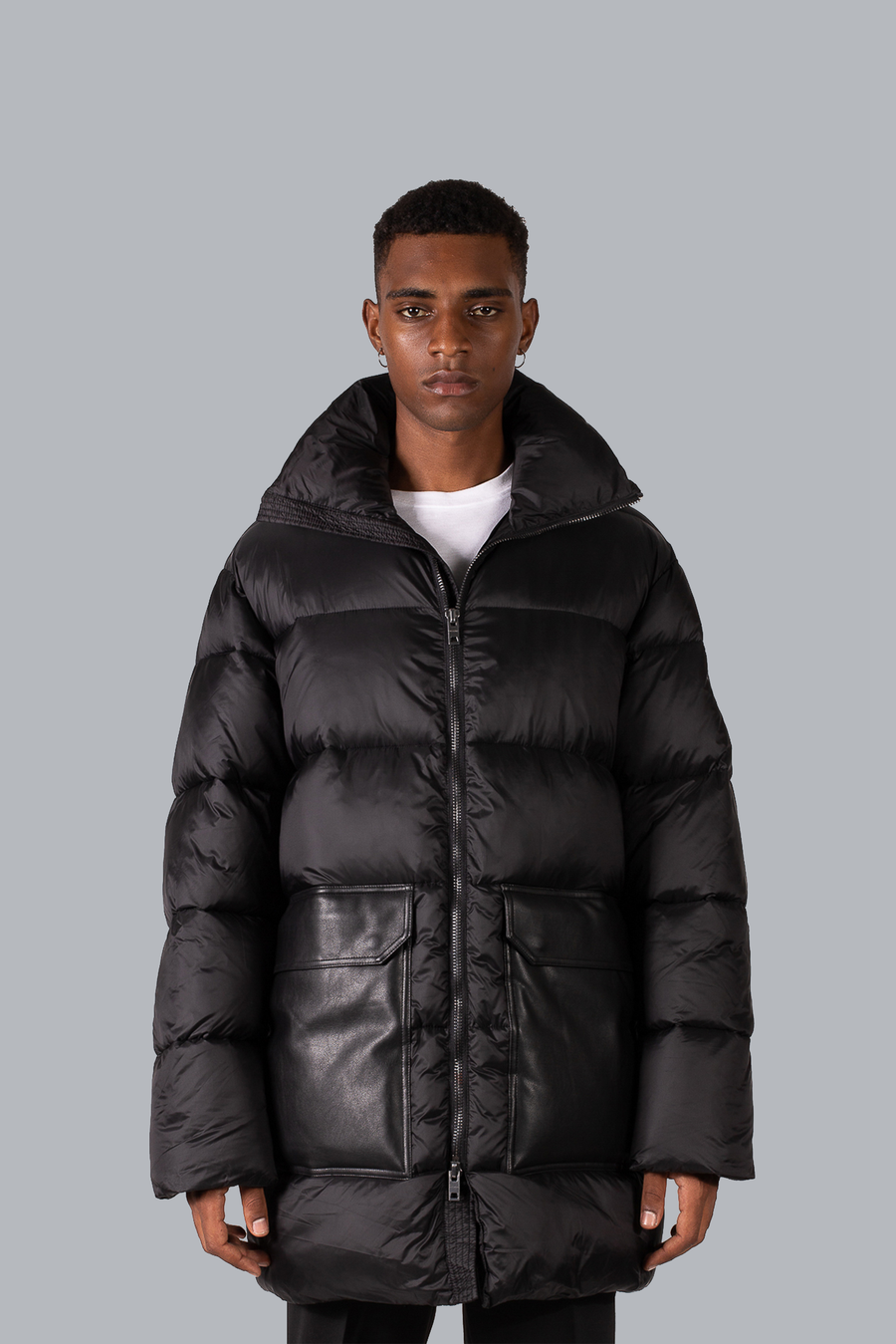 LONG DOWN JACKET WITH LEATHER POCKETS - BLACK