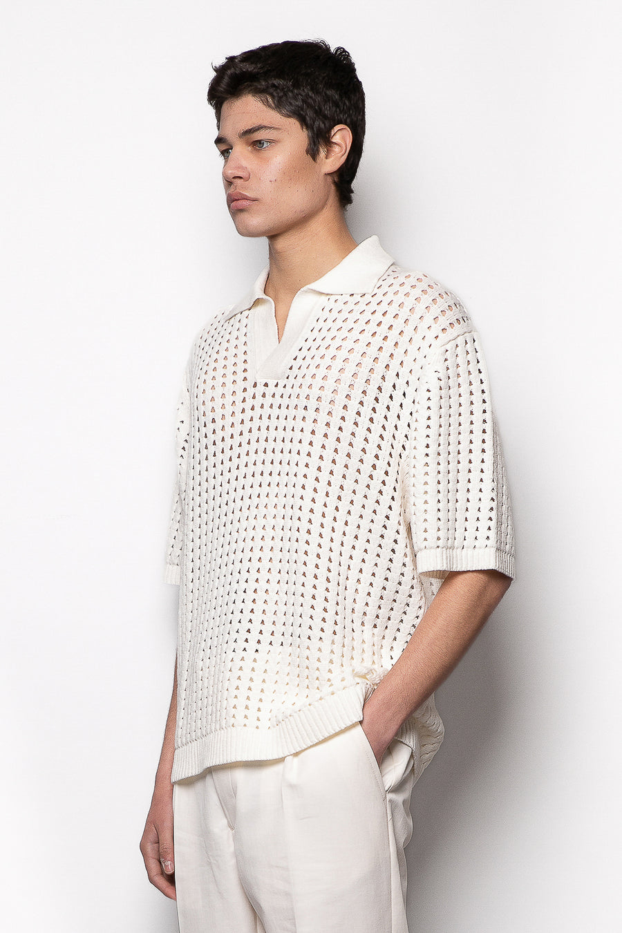 Polo traforata in misto cotone con struttura crochet - Panna