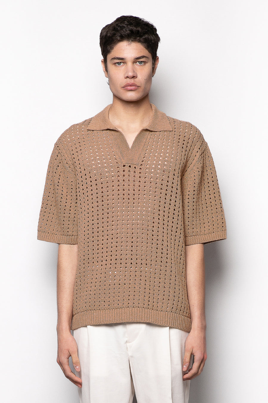 Polo traforata in misto cotone con struttura crochet - Beige