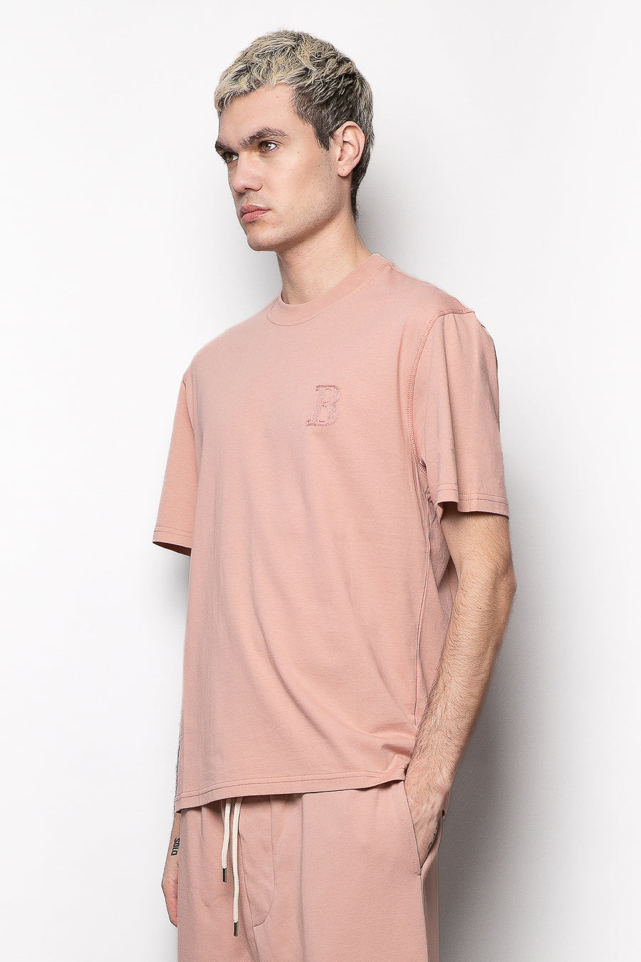 T-shirt in tessuto cotone girocollo con ricamo - Cipria