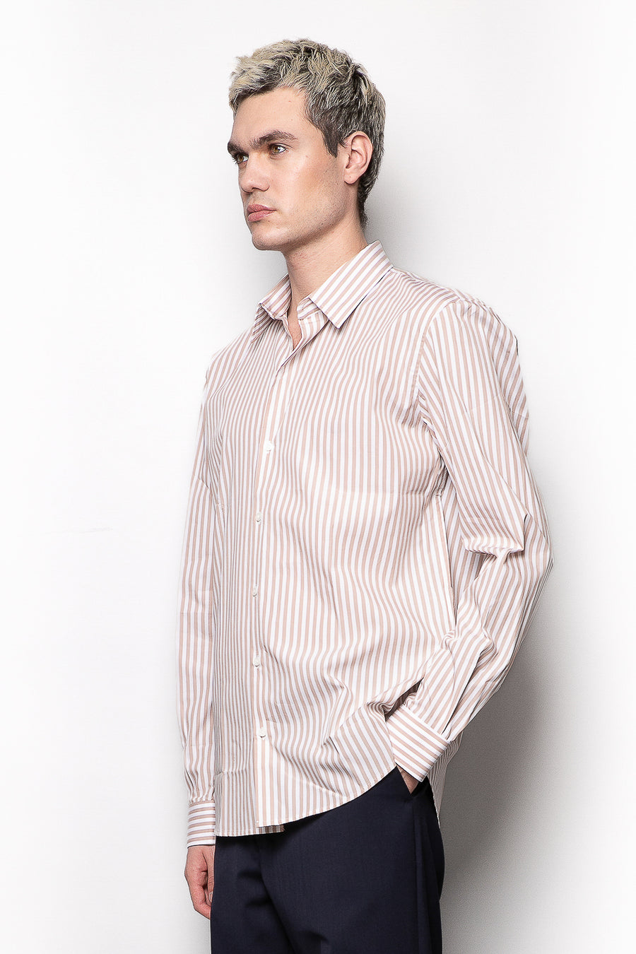 Camicia in cotone collo italiano a righe - Beige