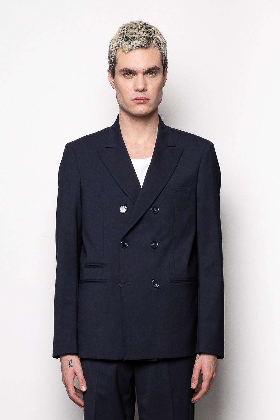 Giacca doppiopetto collo revers in misto lana e tencel - Blu