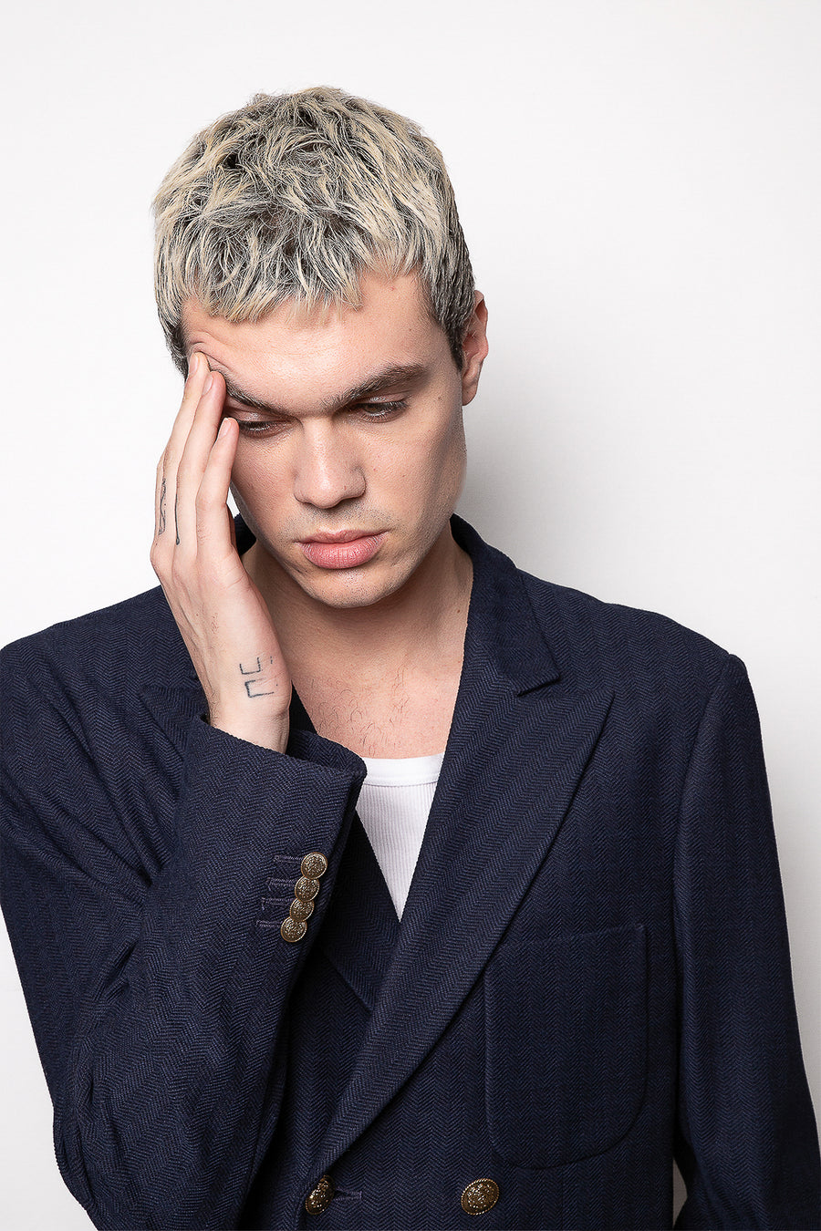 Giacca doppiopetto collo revers in misto viscosa effetto maglia bottoni a contrasto - Blu Navy