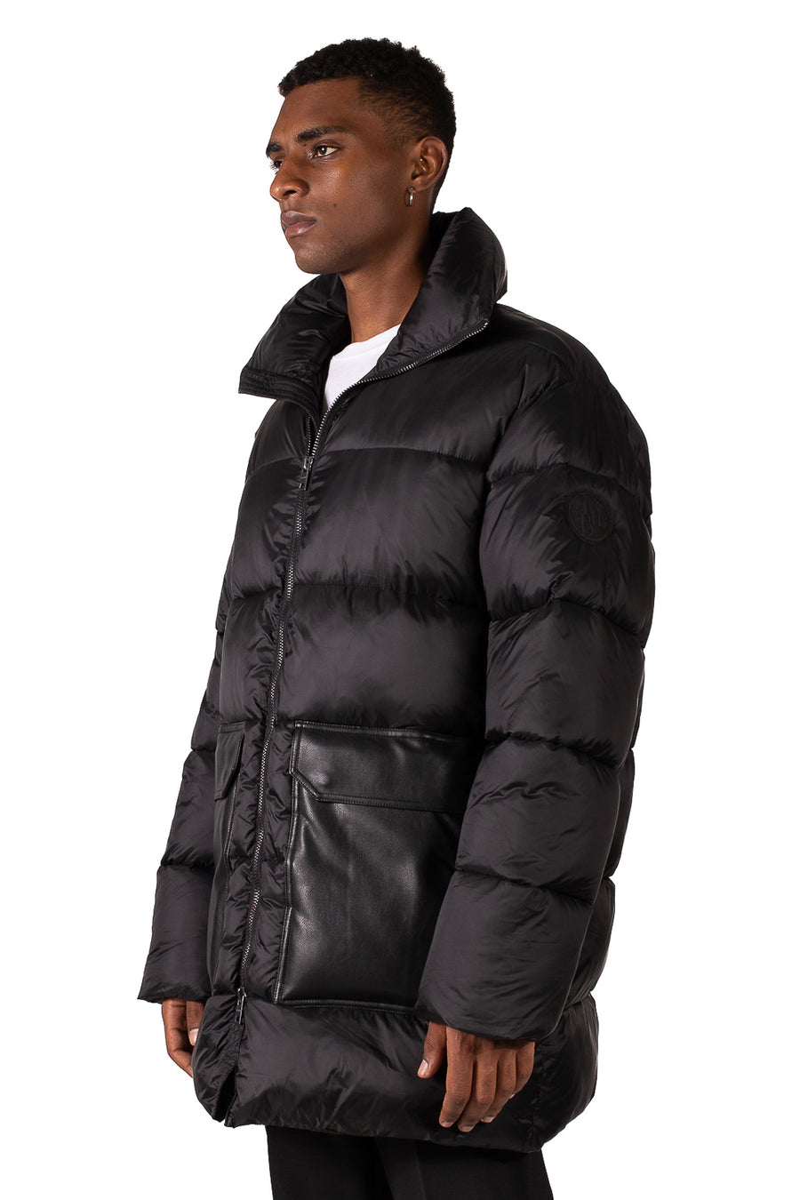 LONG DOWN JACKET WITH LEATHER POCKETS - BLACK