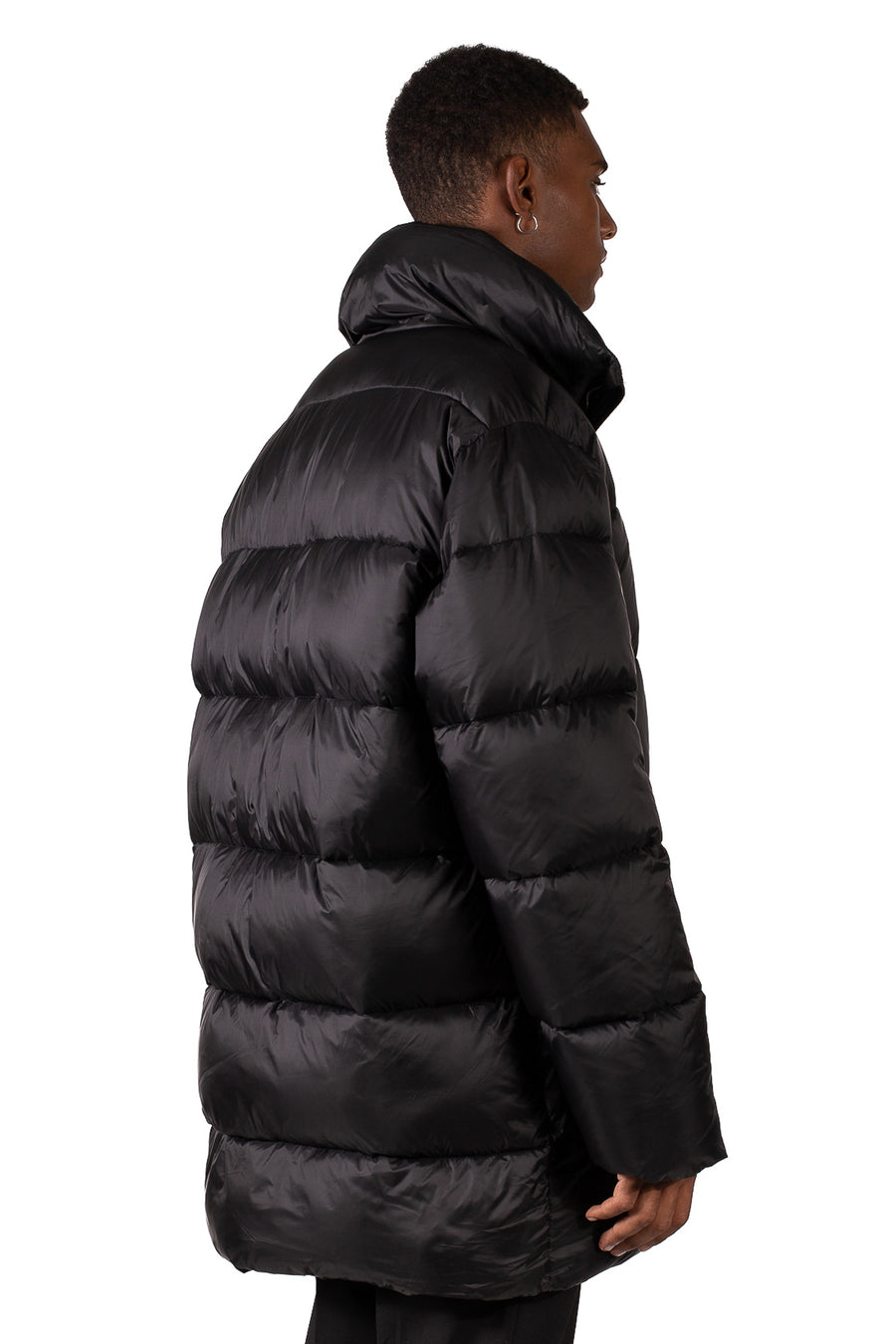 LONG DOWN JACKET WITH LEATHER POCKETS - BLACK