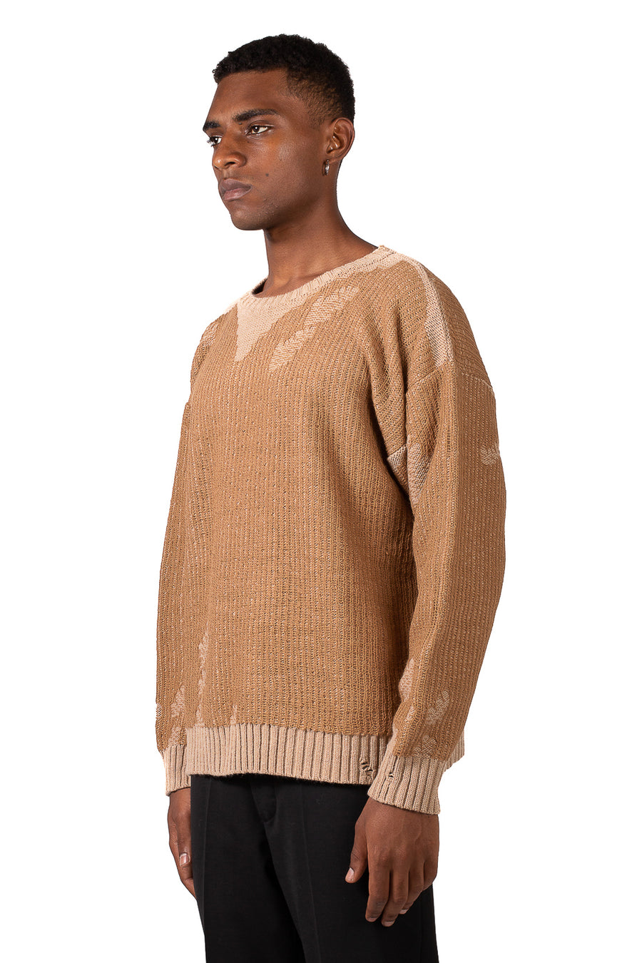 CREW NECK SWEATER WITH BREAKS-CAMEL