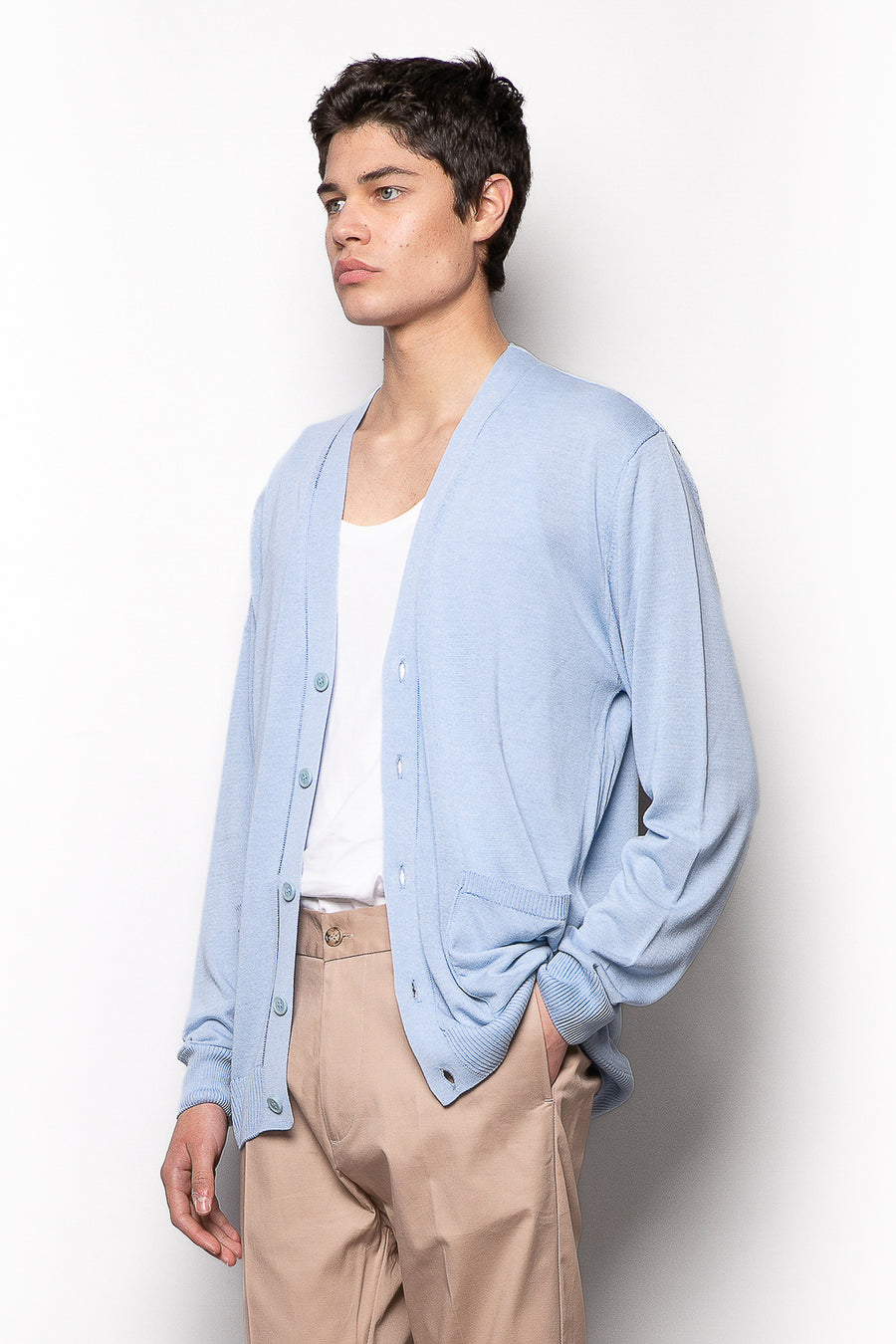 Cardigan in filo misto viscosa - Celeste