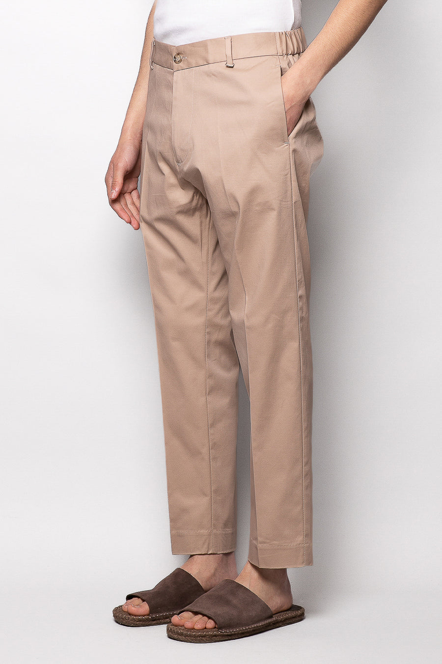 Pantalone in cotone regular fit con elastico dietro - Beige