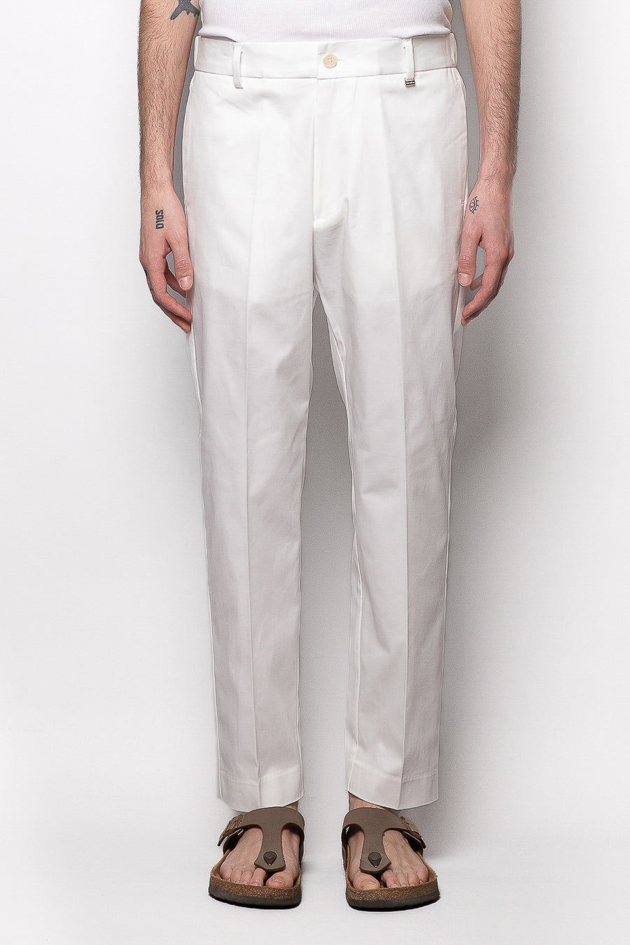Pantalone in cotone regular fit con elastico dietro - Panna