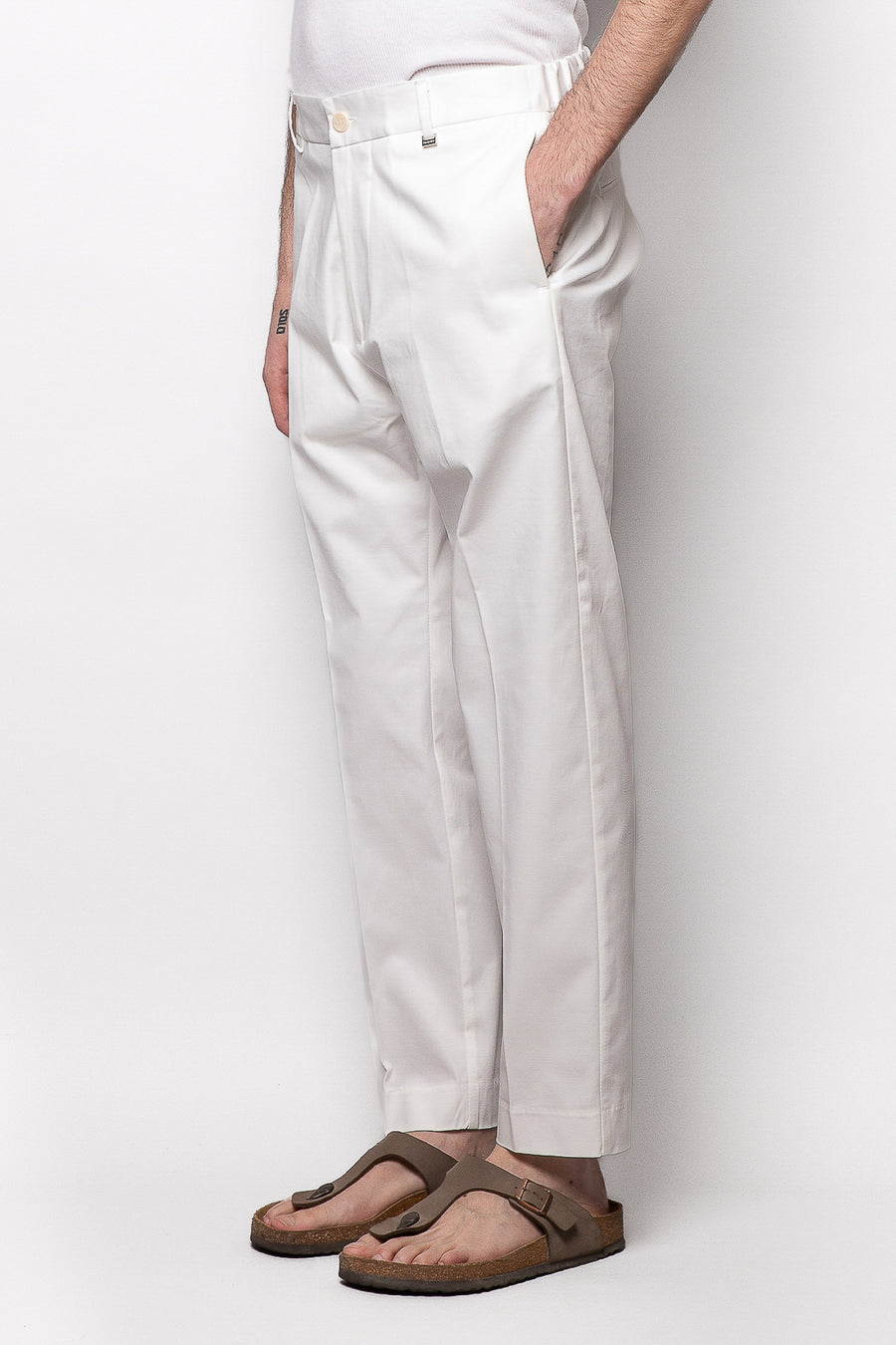 Pantalone in cotone regular fit con elastico dietro - Panna