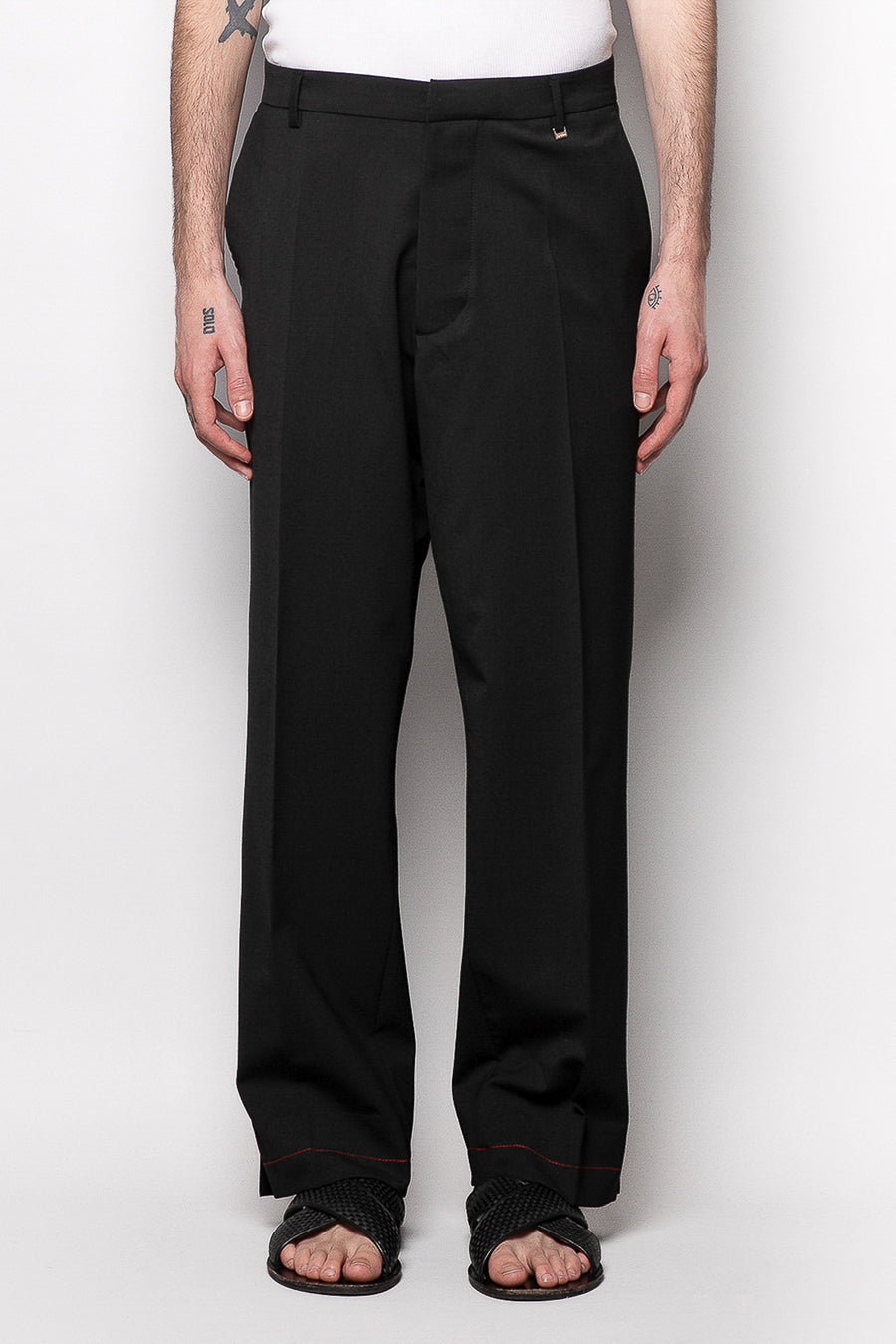 Pantalone fondo ampio con cuciture a contrasto in misto lana - Nero