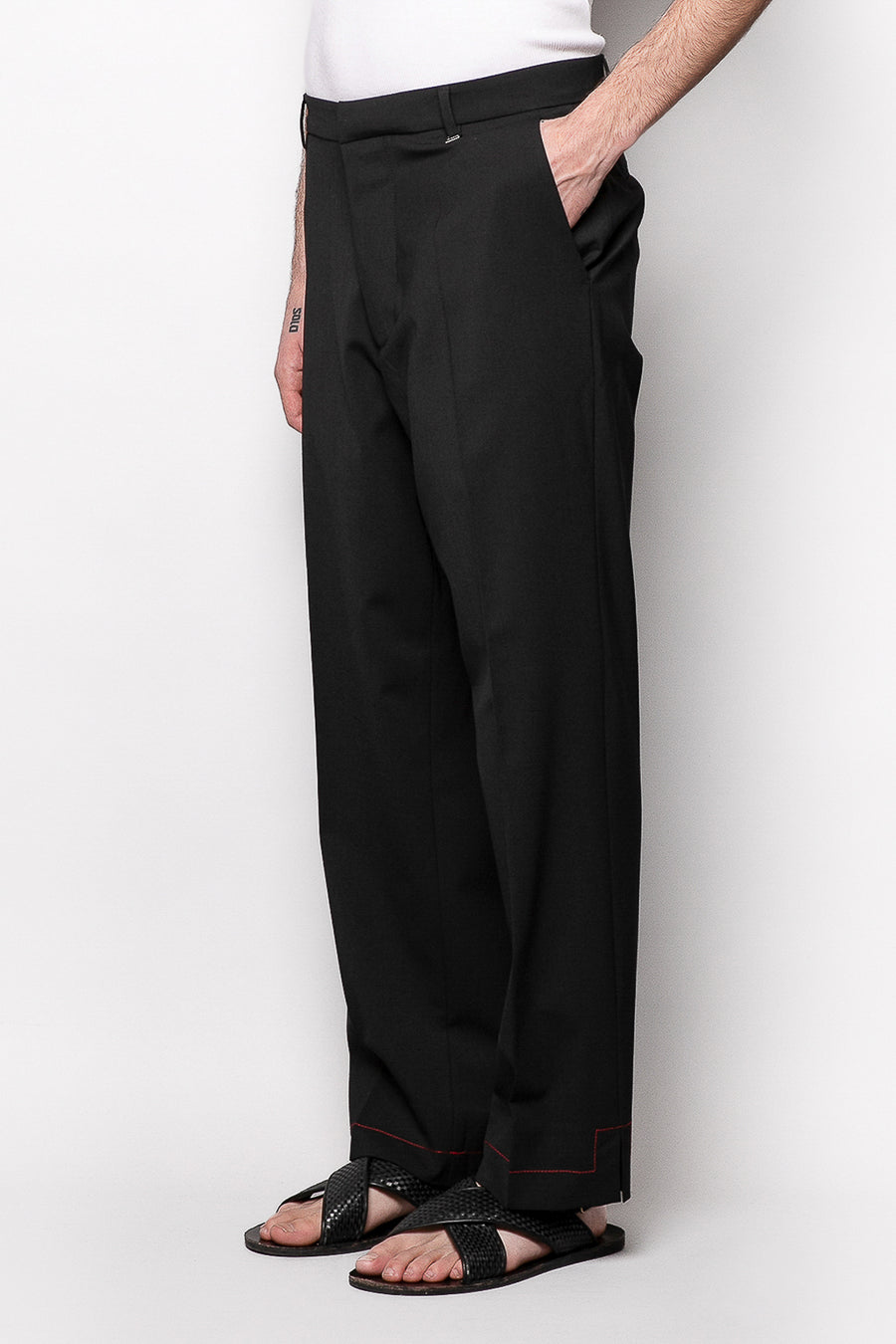 Pantalone fondo ampio con cuciture a contrasto in misto lana - Nero