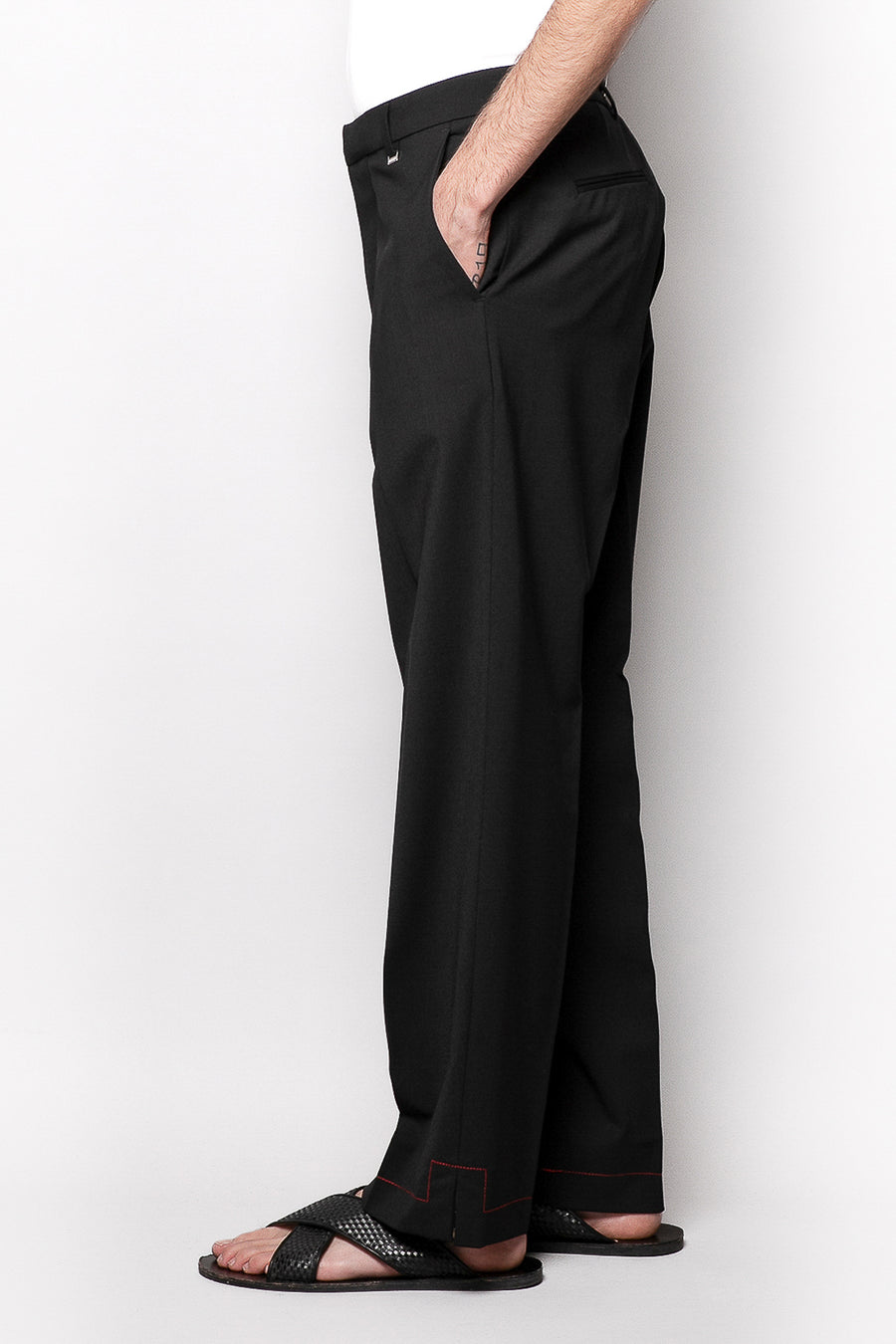 Pantalone fondo ampio con cuciture a contrasto in misto lana - Nero
