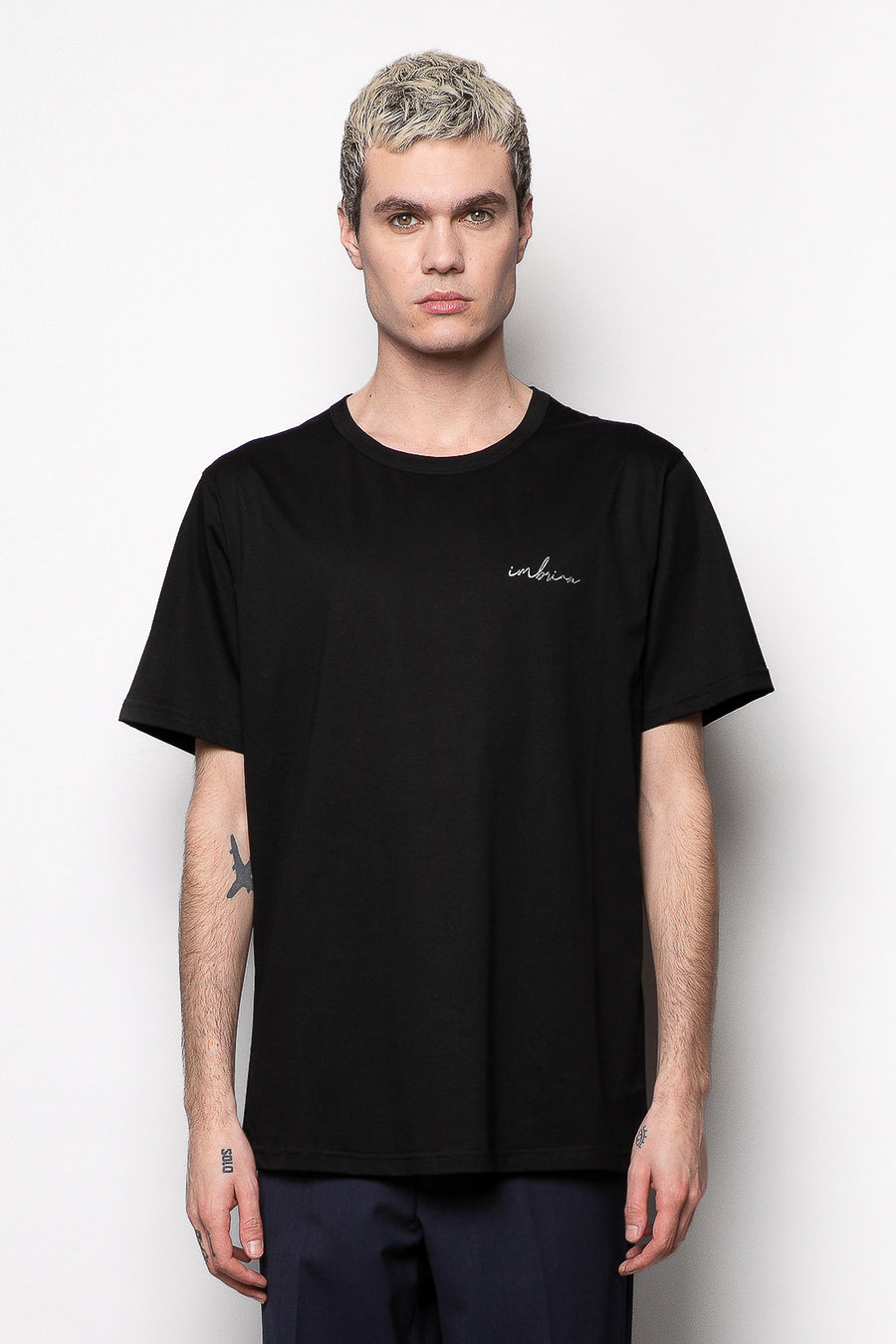 T-shirt in cotone mercerizzato girocollo con logo termoadesivo - Nero