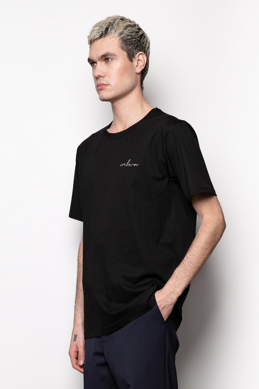 T-shirt in cotone mercerizzato girocollo con logo termoadesivo - Nero