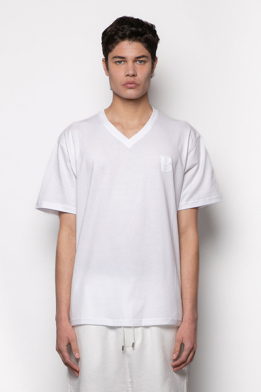 T-shirt in tessuto cotone scollo a punta con ricamo - Bianco