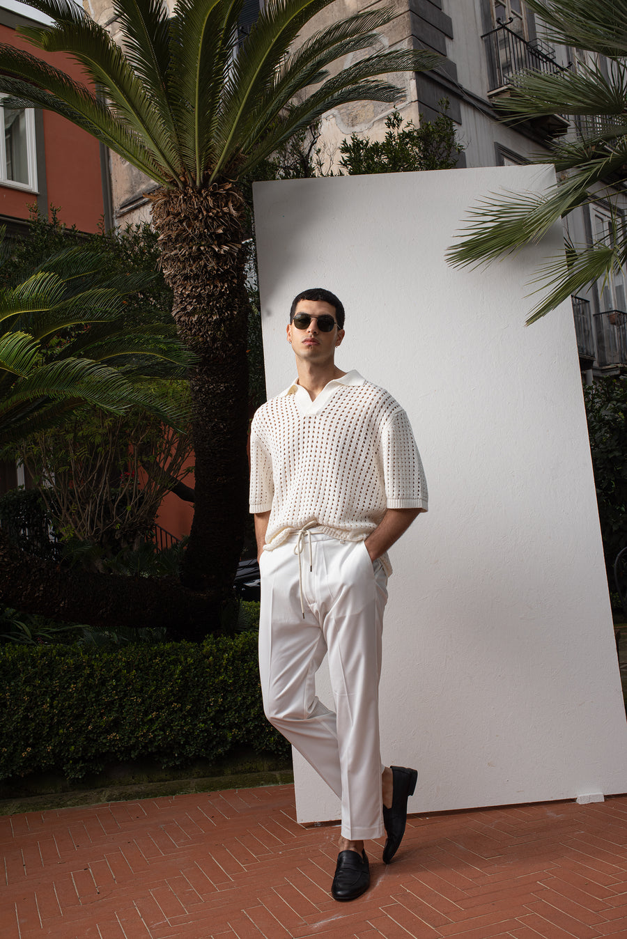 Pantalone con laccio in misto viscosa - Panna