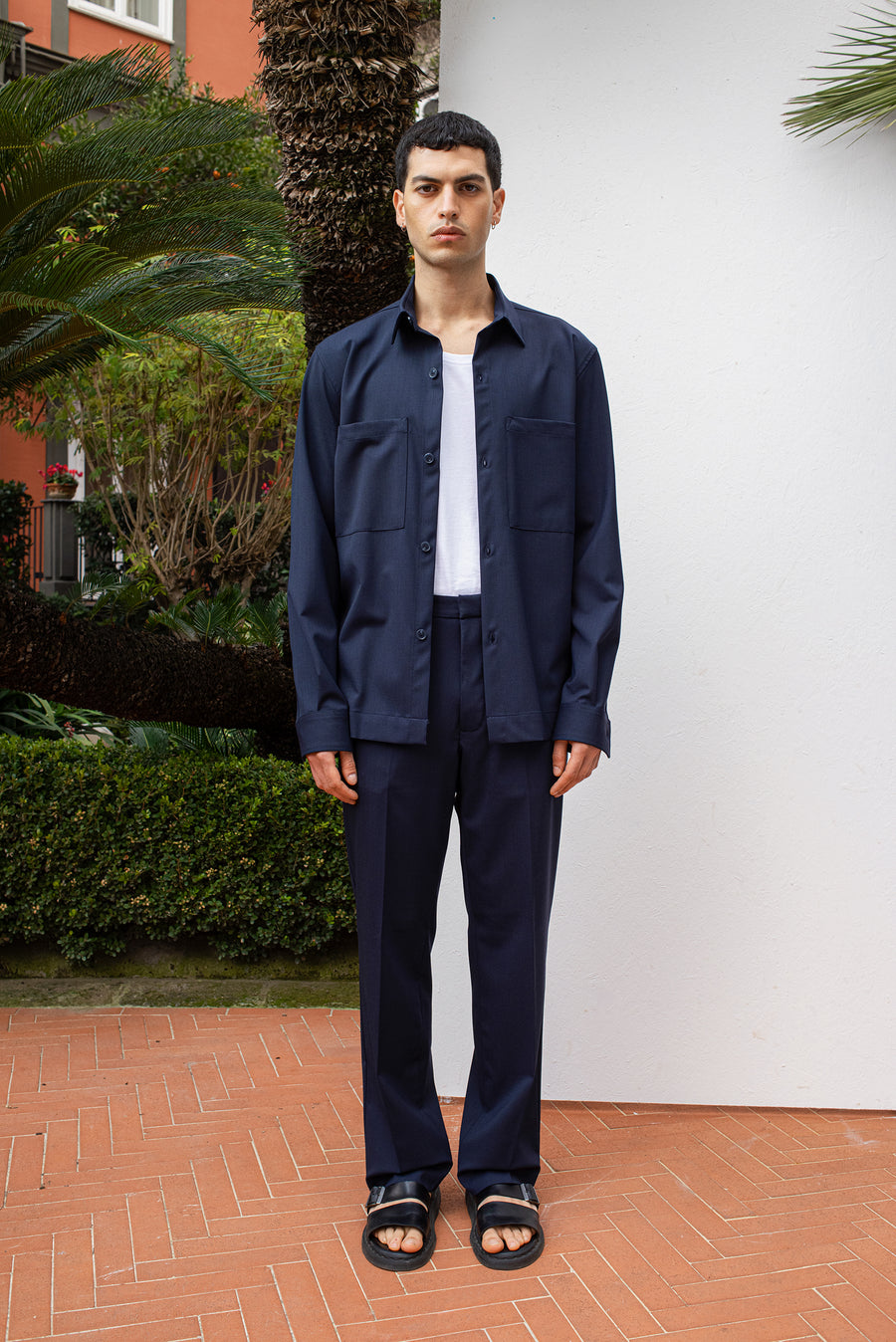 Pantalone fondo ampio in misto lana e tencel - Blu
